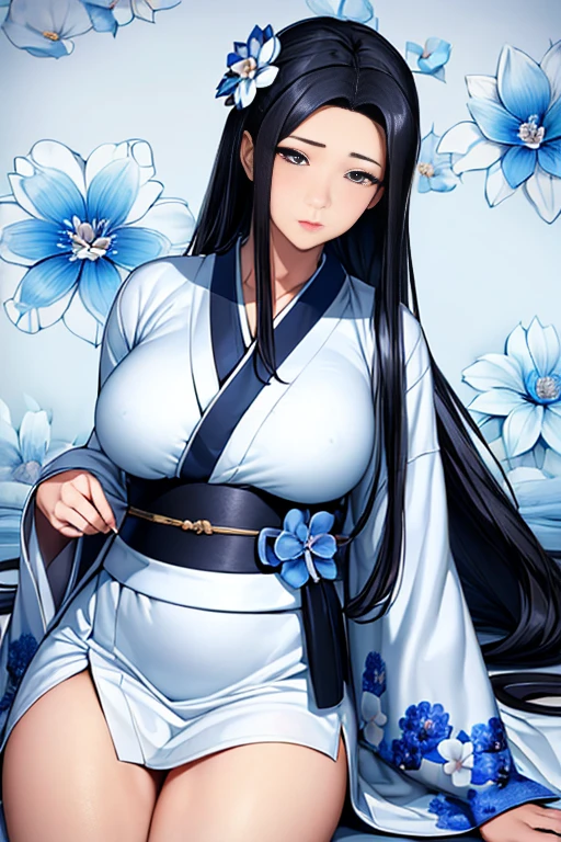 (masterpiece, high quality, lifelike, Ultra realistic, Remarkably high quality, photorealistic:1.5), Anime Woman Tsubaki Miyajima with (((((Black Long Hair wearing a White Kimono with Blue Flower design on the Kimono))))) minimalist logo design bright colors, high quality, extreme quality, super detailed, Wide hips, Narrow waist, Close-up:0.6, Upper-body view, Looking at viewer, Large 36DD Breasts, Sexy, pretty