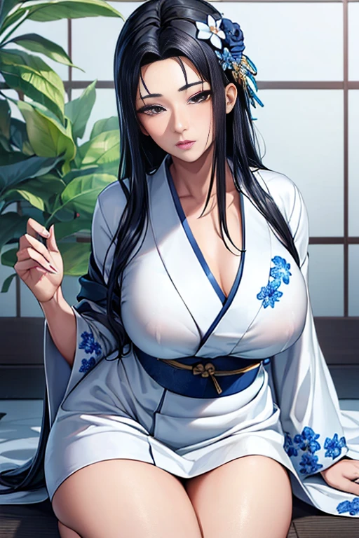 (masterpiece, high quality, lifelike, Ultra realistic, Remarkably high quality, photorealistic:1.5), Anime Woman Tsubaki Miyajima with (((((Black Long Hair wearing a White Kimono with Blue Flower design on the Kimono))))) minimalist logo design bright colors, high quality, extreme quality, super detailed, Wide hips, Narrow waist, Close-up:0.6, Upper-body view, Looking at viewer, Large 36DD Breasts, Sexy, pretty