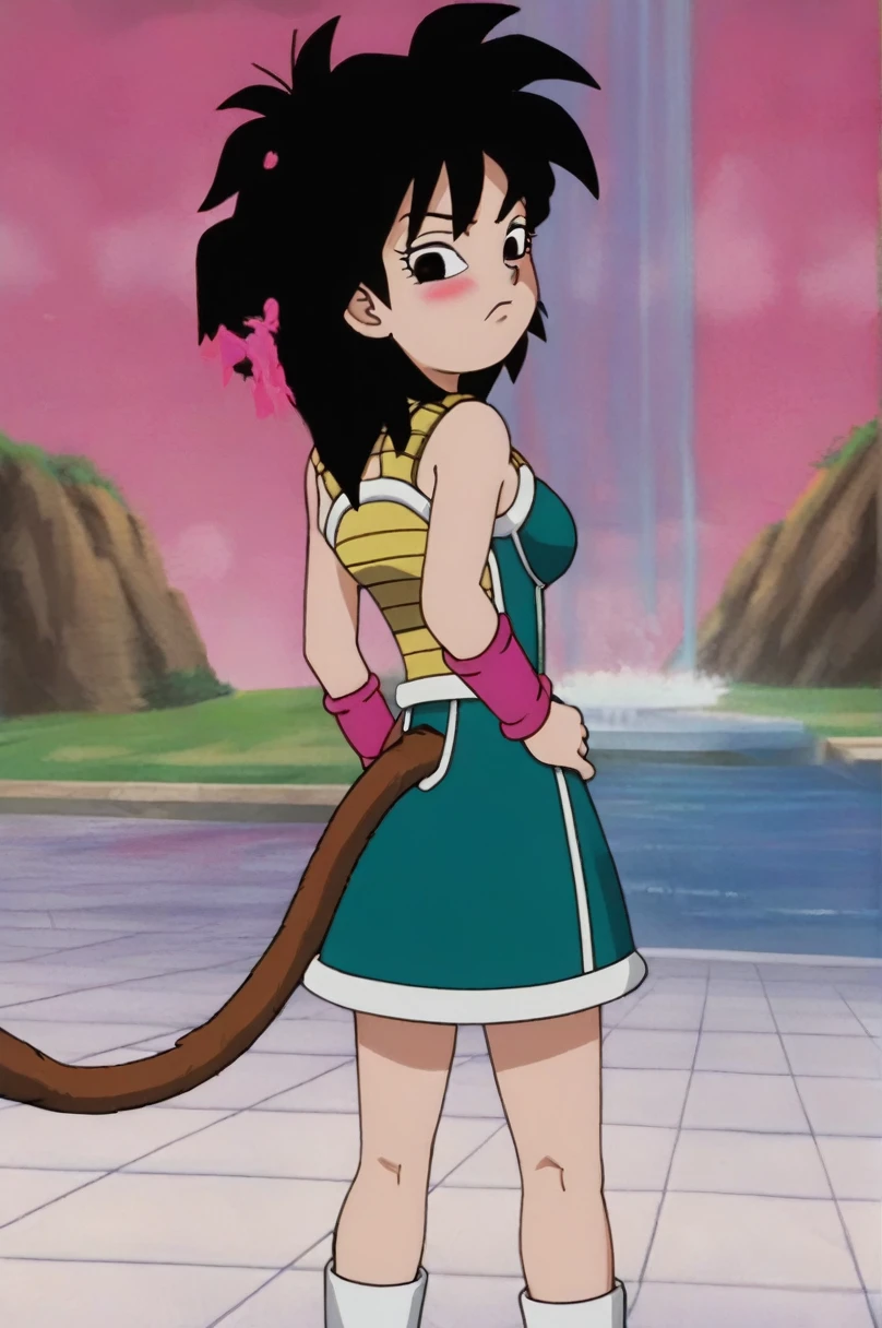 source_anime, score_9,score_8_up, score_7_up, ginedb, anime screencap,
Obra maestra, mejor calidad, alta calidad,1girl, solo, looking at viewer, nsfw, nsfwart, full body, no clothes, blush, cityscape, black hair, brown eyes, looking back, from behind, black eyes, hand on hip, frown, pink wristband, green skirt, monkey tail, saiyan armor, hand on shoulder, medium hair, green saiyan armor, eyelashes, eyebrows, butt crack, bare shoulders, spiked hair, fingernails, Cuerpo sexy, culo sexy, desnuda, culo mediano, tetas medianos