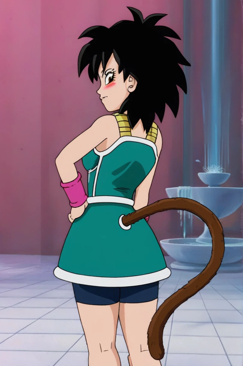 fountain_cheered up, score_9,score_8_above, score_7_above, gineDb, cheered up screencap,
1 girl, Alone, looking at the viewer, blush, urban landscape, black fur, Brown eyes, looking back, from behind, black eyes, hand on hip, frown, pink bracelet, green skirt, monkey's tail, saiyajin armadura, hand on the shoulder, medium hair, green saiyajin armadura, eyelashes, Eyebrows, Butt crack, bare shoulders, spiky hair, nails