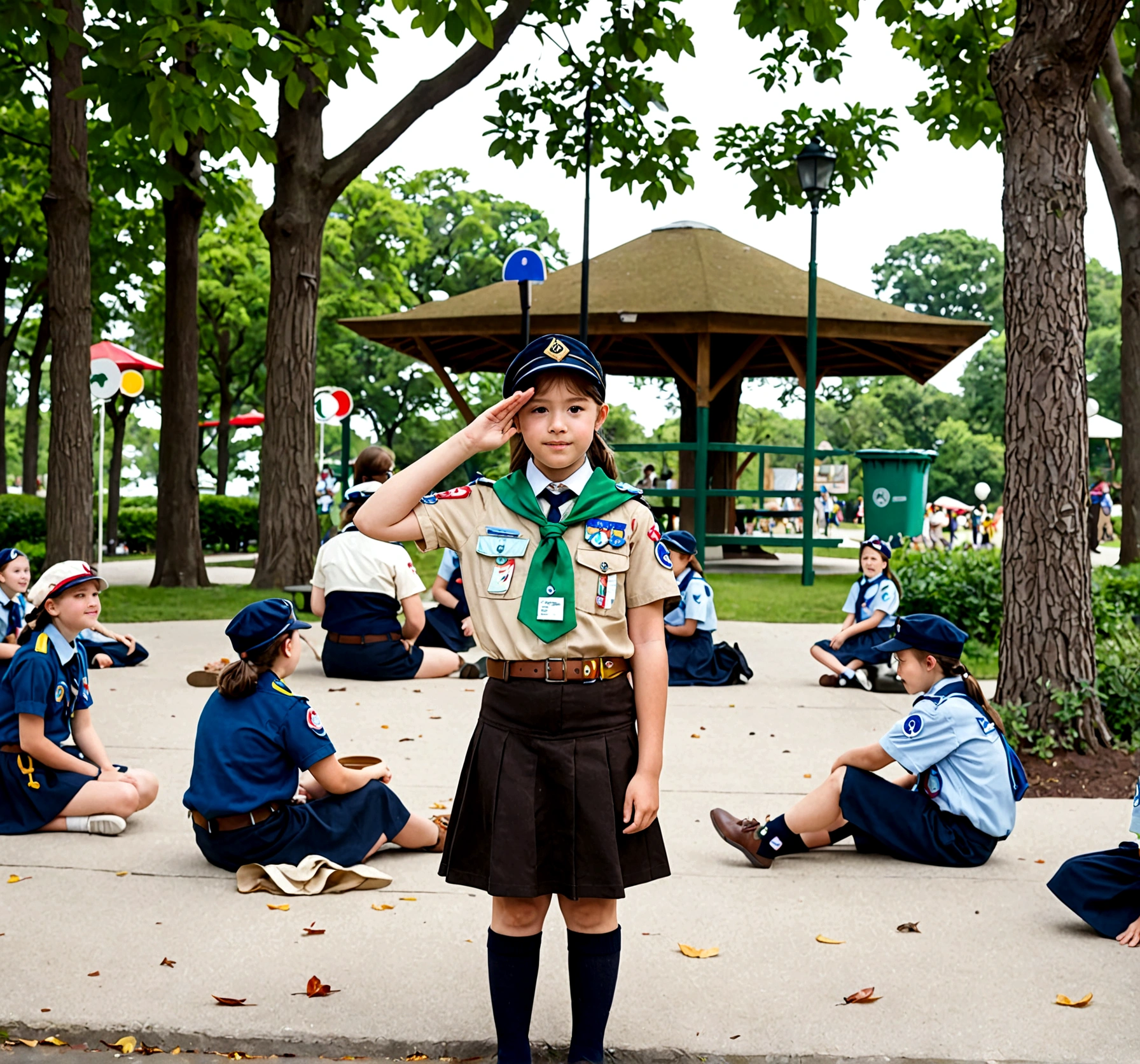 The image shows a young girl in a scout uniform standing at the center of a park, facing the camera, and saluting with her right hand. She wears a dark blue hat with an emblem, a light blue short-sleeved shirt with badges and a name tag, a green neckerchief, a black knee-length skirt, dark blue knee-high socks, black flats with white buckles, and cream-colored arm sleeves.
In the background, other scouts and people are seated and engaged in various activities. Some are in similar uniforms, while a few adults in khaki uniforms are also present. The park features tall trees with thick trunks, concrete pavement scattered with leaves, benches, a shelter with a green roof, colorful trash bins, and lamp posts with round lights. The setting is lively with natural daylight filtering through the trees, suggesting a communal or organized event.