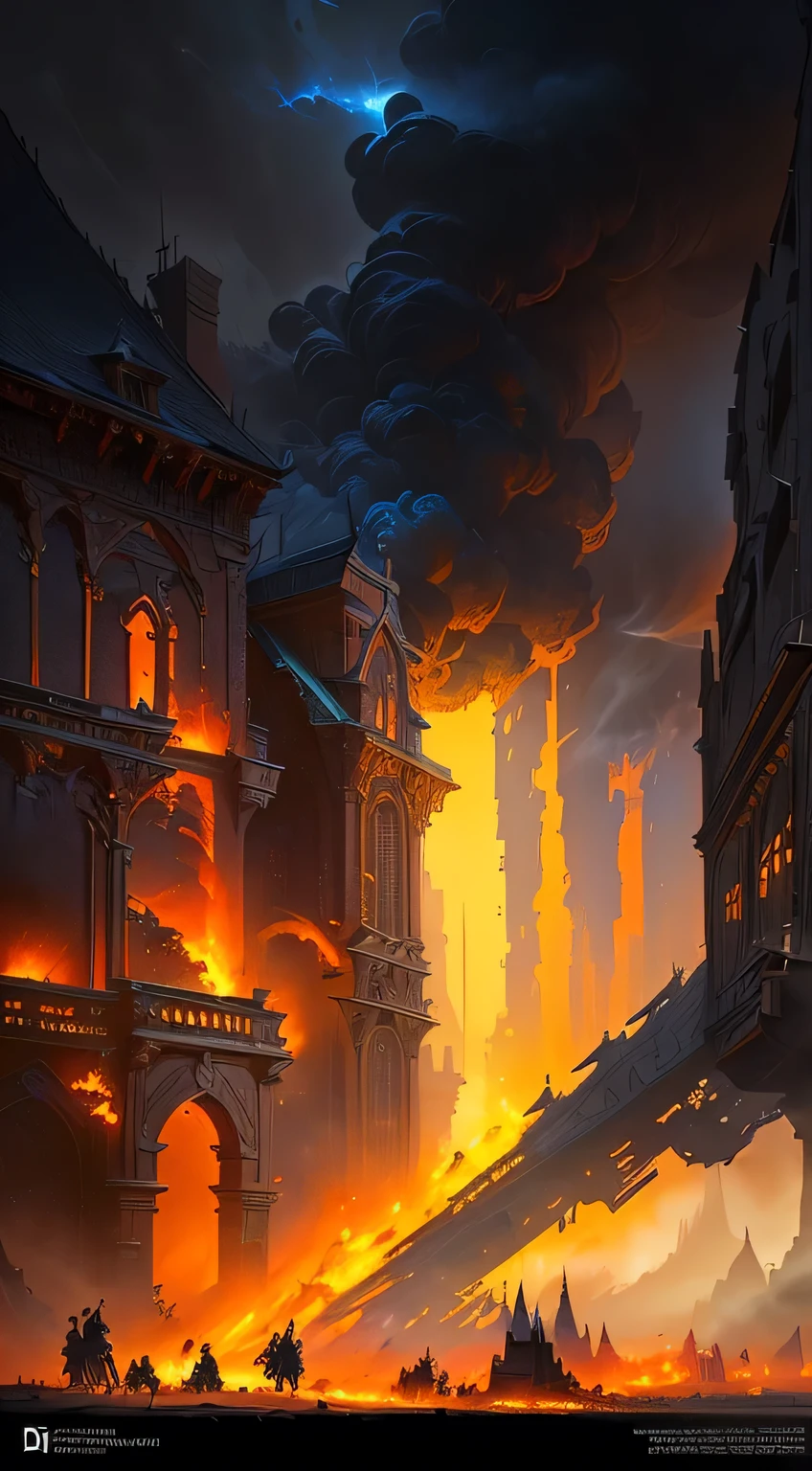 There is a building on fire、Photos of billowing smoke, Matte painting mysterious dota pixar, Balrog concept art, Complex and epic concept art, Unreal Engine Digital Painting, Detailed matte fantasy painting, Noah Bradley Concept Art, art style of marc simonetti, matte painting of steam machines, oil paint concept art, dota matte concept art
