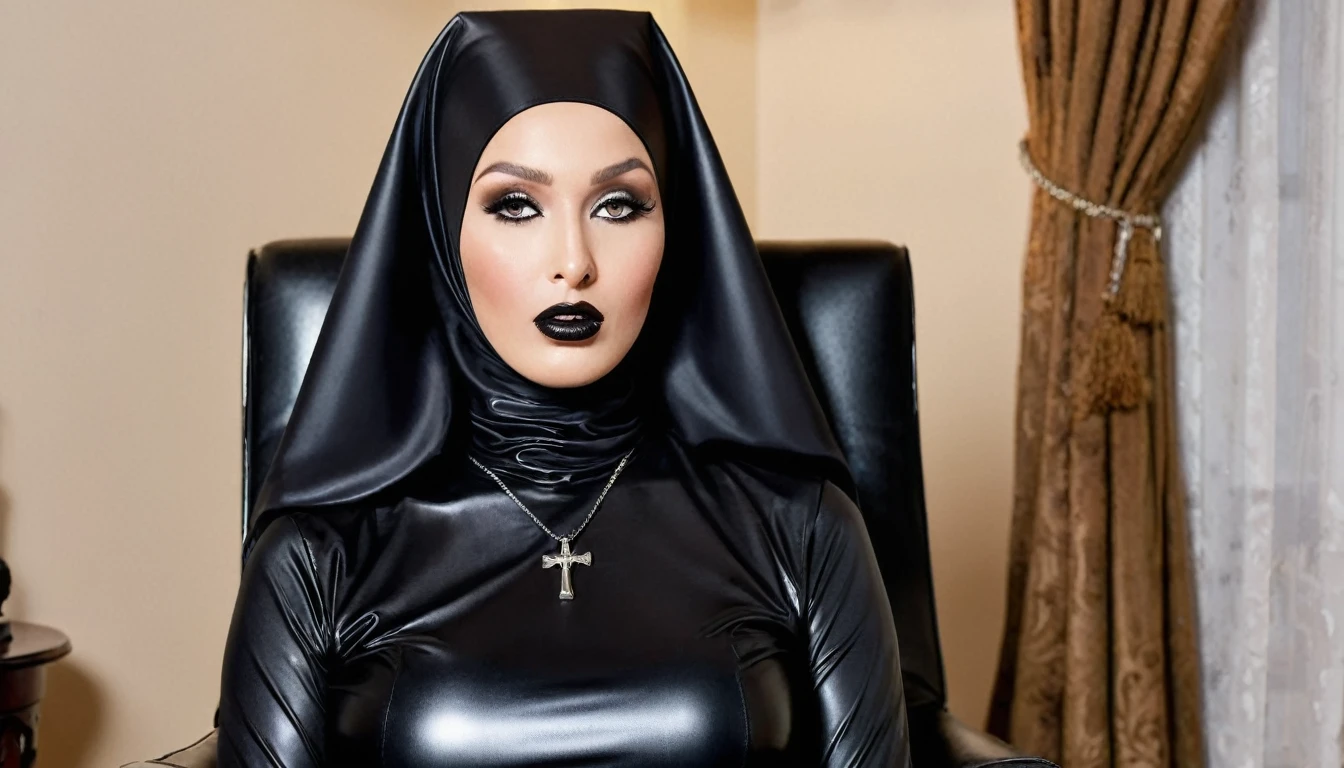 An evil, sexy, hypnotizing nun. The face of a mannequin. She is wearing a "black latex veil", a tight-fitting "hijab", "black leather high-heeled boots" and "black leather gloves". He's sitting in an armchair.