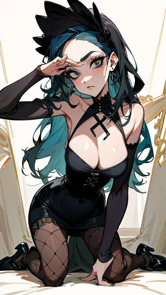 (best quality,masterpiece:1.2,detailed details,4k),((masterpiece)), ((best quality)), (ultra-detailed), anime style,large breast, slim, slender, ashamed, all fours ,Kneeling,Girl with modern gothic makeup, fair skin, long legs, black eyeshadow, camisole, plump figure, earrings and lip studs, fishnet stockings, posing in an attractive pose, lovable expression