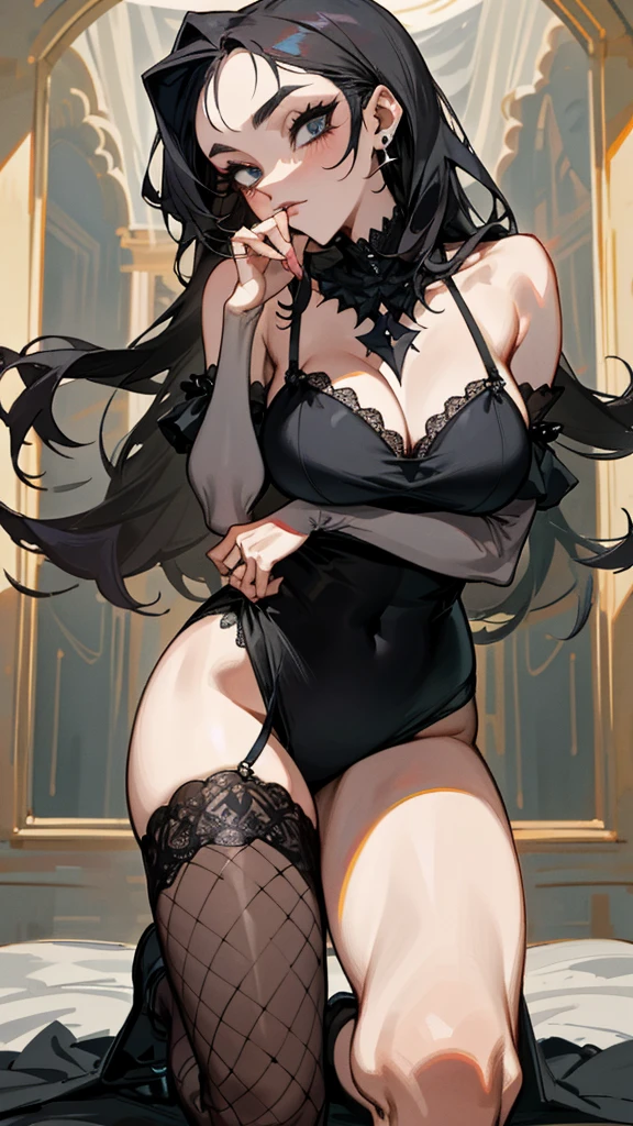 （best quality，masterpiece：1.2，detailed details，4k），((masterpiece)), ((best quality)), (ultra-detailed), anime style,large , slim, slender, ashamed,  ，Kneeling,Girl with modern gothic makeup, fair skin, long legs, black eyeshadow, camisole, plump figure, earrings and lip studs, fishnet stockings, posing in an attractive pose, lovable expression