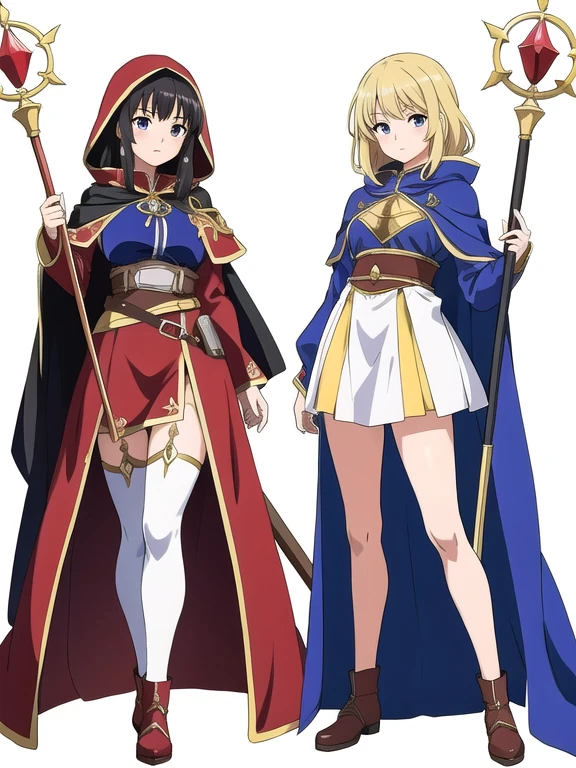 masterpiece, best quality, 2 girls, high fantasy costume, ((white background)), full body, multiple views, cloak, staff, anime style,