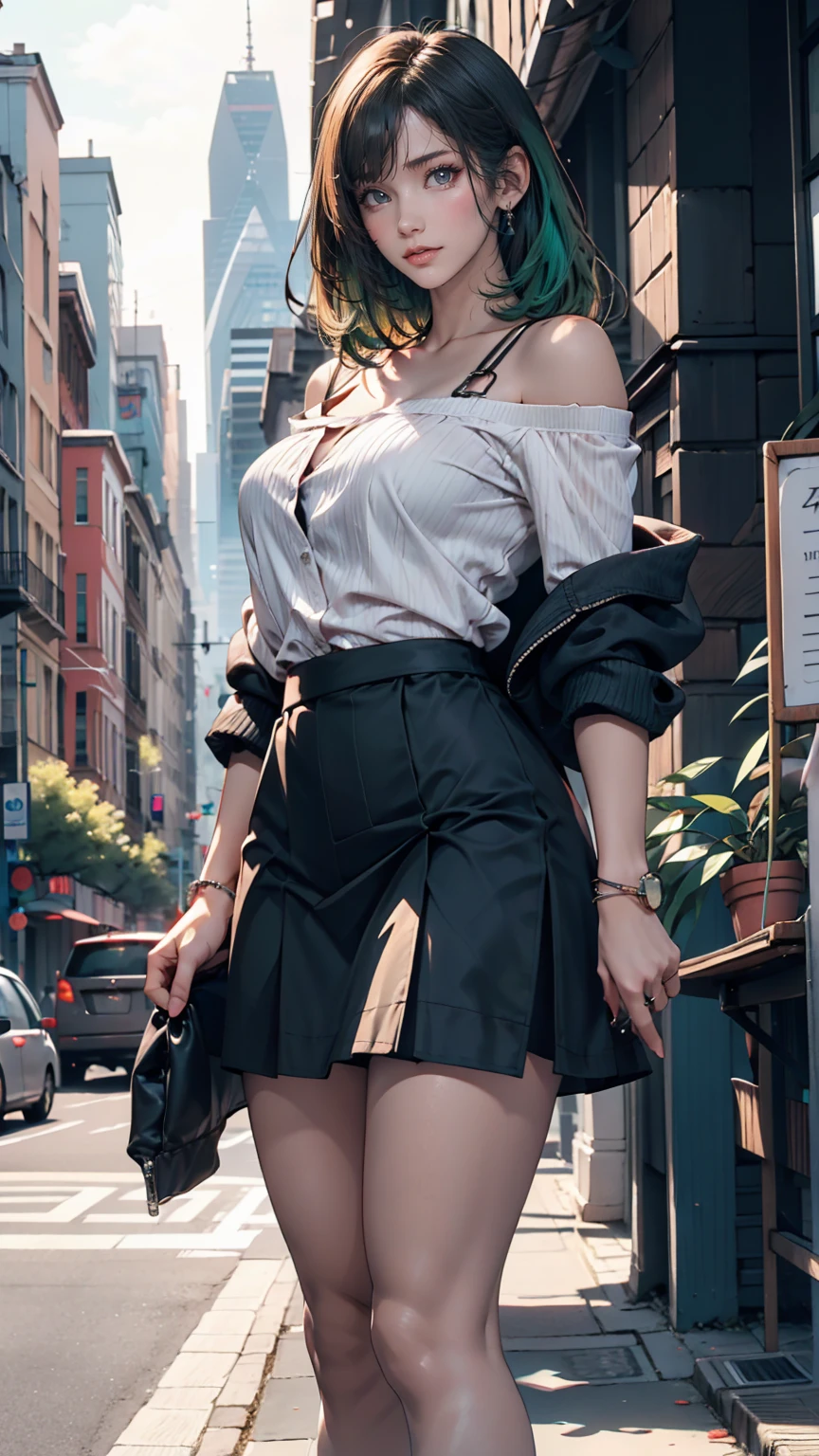 One girl, black_skirt, green_hair, building, city, cityscape, hair_between_eye, Jacket, Looking_in_Audience, Moderate_hair, Multicolor_hair, multiple_boy, night, off_shoulder, Outdoor, pleined_skirt, road, shirt, skirt, Skyscraper, smile, 一人in_concentrated, street, white_shirt、Sexy proportions、slender、Narrow waist、tall、Slender、Sexy