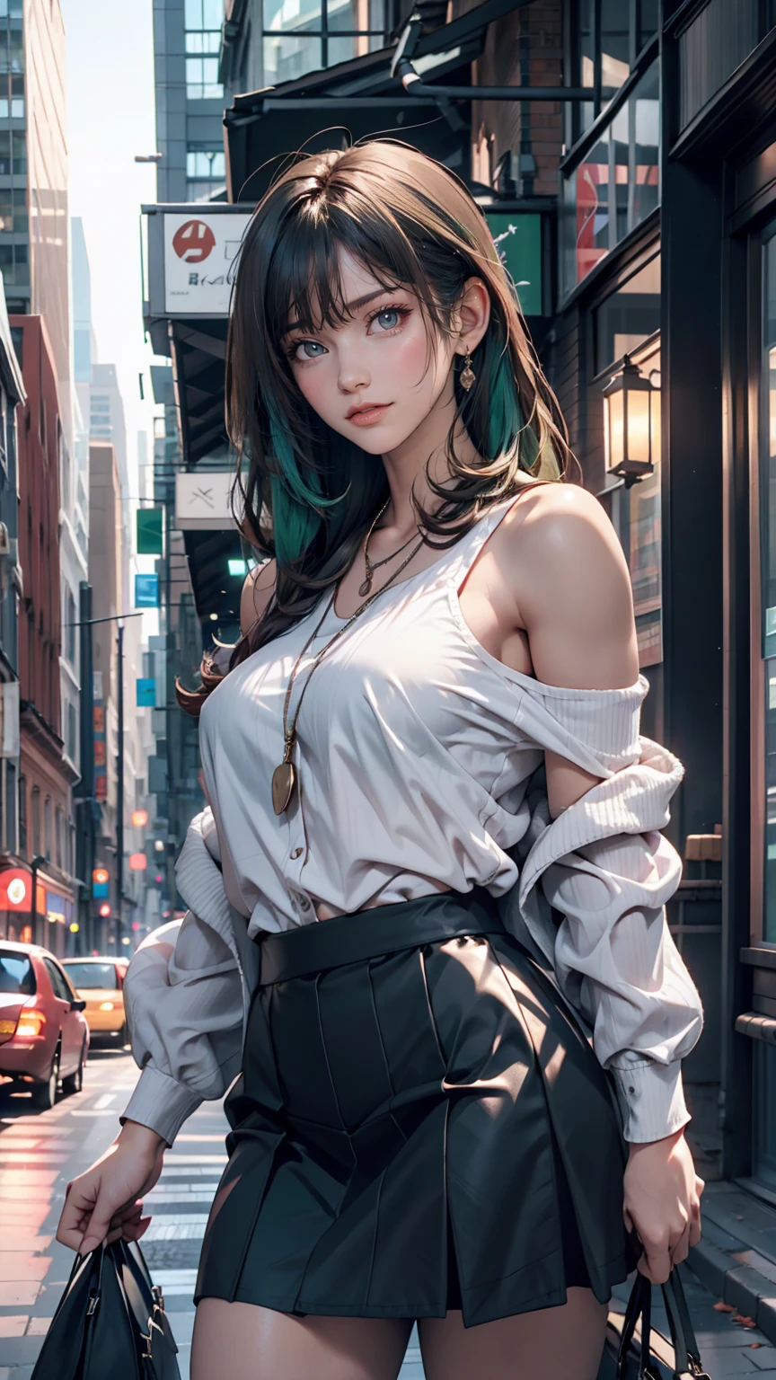 One girl, black_skirt, green_hair, building, city, cityscape, hair_between_eye, Jacket, Looking_in_Audience, Moderate_hair, Multicolor_hair, multiple_boy, night, off_shoulder, Outdoor, pleined_skirt, road, shirt, skirt, Skyscraper, smile, 一人in_concentrated, street, white_shirt、Sexy proportions、slender、Narrow waist、tall、Slender、Sexy