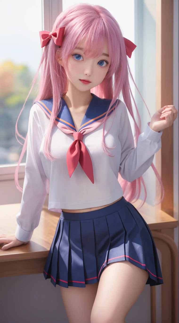A doll with cat ears and a skirt, pink twintail hair and cyan eyes, dollfie dream, render of a cute 3d anime girl, photorealistic anime girl rendering, Surrealism female students, anime styled 3d, yayoi kasuma, 3d anime girl, 3 d anime realistic, Realistic young anime girl,Textured skin, High details, 4K,cute kawaii girls, cute female student, Wearing a Japanese school uniform, Cute anime girl, girl cute-fine face, Cat ears, slender figures, small boobs, Textured skin, High details
