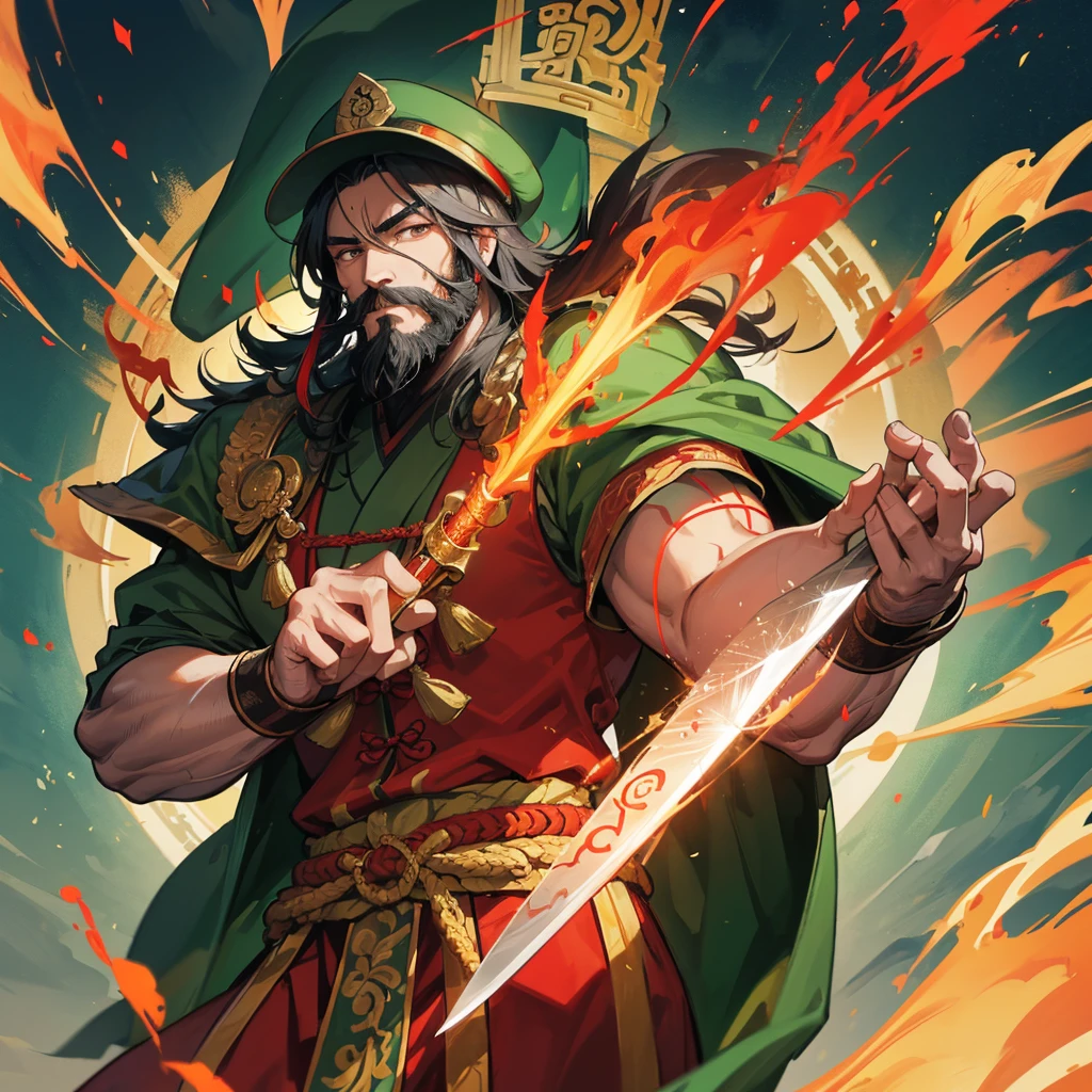 divinity无敌大将军,China,Guan Yu,divinity,myth,Powerful,male,Bearded,Red skin,Light in the eyes,thunder,Green clothes,muscle,Holding a big knife,myth,Gods