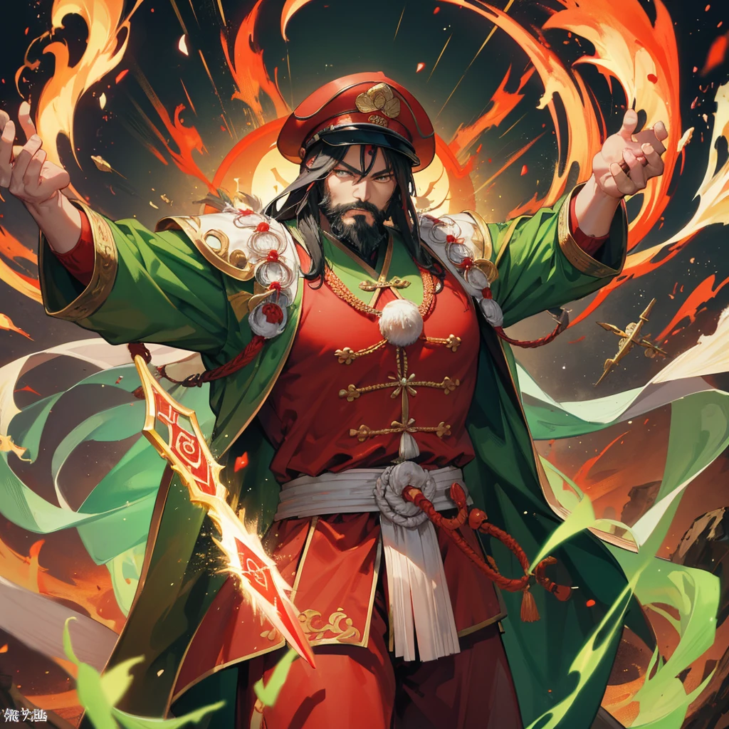divinity无敌大将军，China，Guan Yu，divinity，myth，Powerful，male，Bearded，Red skin，Light in the eyes，thunder，Green clothes，muscle，Holding a big knife，myth，Gods