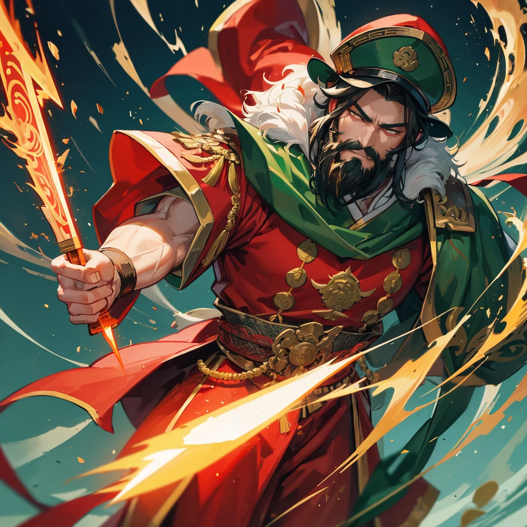 divinity无敌大将军，China，Guan Yu，divinity，myth，Powerful，male，Bearded，Red skin，Light in the eyes，thunder，Green clothes，muscle，Holding a big knife，myth，Gods