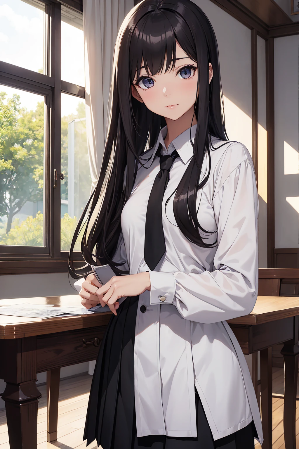 Best quality, highly detailed, masterpiece, ultra-detailed, solo, 1 girl, white background, delicate eyes, long hair, black hair, trembling, ribbon, school uniform, long sleeves, jacket, sitting, looking at the audience,
