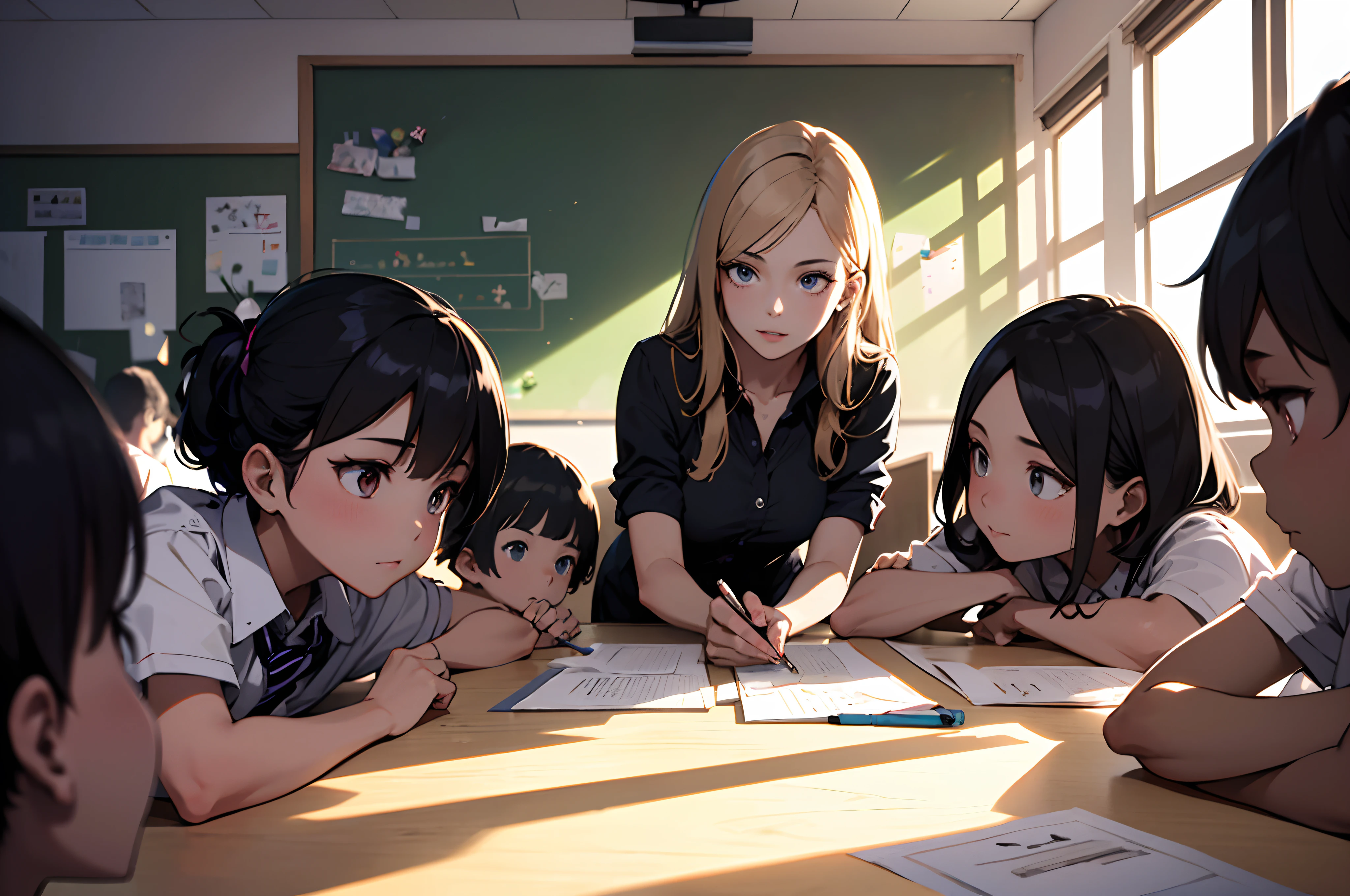 Masterpiece, (best quality kindergarten teacher (with their pupils:1.33)), perfect shading,  dramatic lighting,  rendered in 8K resolution for high-quality details,  trend on Artstation,  conceptual art,  seeds,  sharp focus,  illustration,  Very detailed,  Smooth Natural Volumetric,  perfect cinematic light,  intricate details