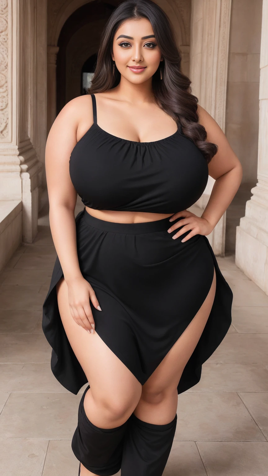 monali thakur Indian beautiful actress curvy plus size hour glass bulky huge figure woman, closeup camera view, big huge m-cup breast, wearing SHEIN Essnce 2pcs/Set Black & White Pleated Waist Slim Fit Tank Tops For Women Plus Size, Summer, With Thick Shoulder Straps, Going Out Top Color: White, covered Bust , elegant standing position, eye contact view, different style hairstyle, bright eyes, thin eyebrows, fair skin, blushing cheeks, prefect head to toe view, full body, and expansive views, ideal for high-fashion or editorial shoots, ultra realistic skin texture, head to toe view, full body shot, full body view, smile face, black hair, Indian face, perfect skin tone light, ultra realistic skin texture, bigger waist, busty, big hips, fleshy thighs, thick thighs, busty, full body view, Bagan, Myanmar: Thousands of ancient temples and pagodas spread across a vast plain.