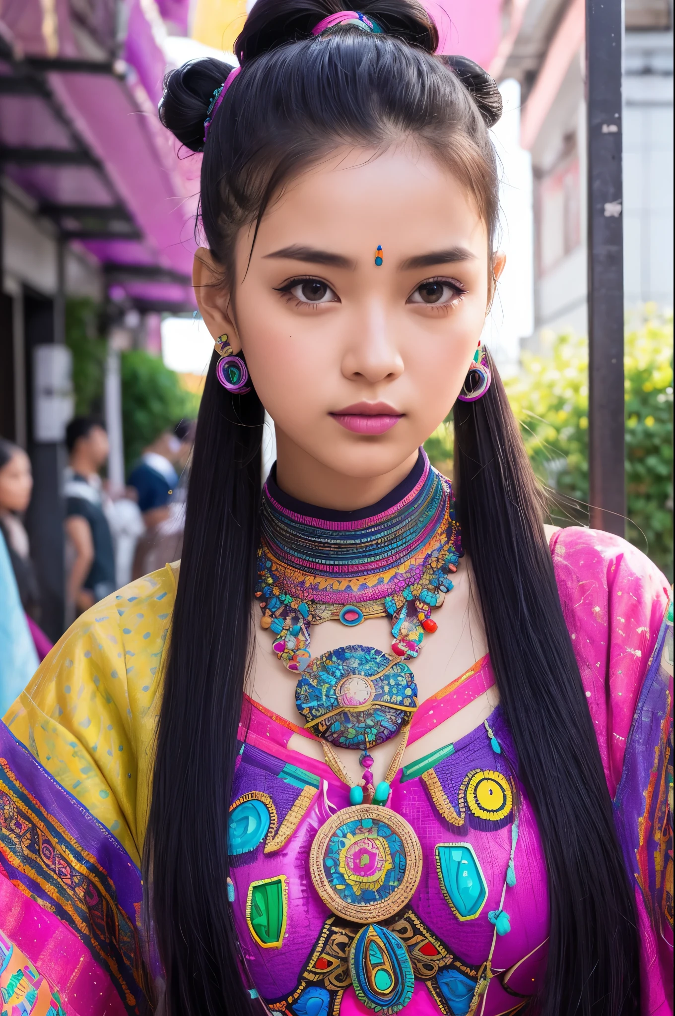 (Absurd, High resolution, Super detailed), (One girl:1.3), Twin tails, Purple Hair, break , Glitch Art, Digital Distortion, Pixelated Fragments, Data Corruption, Colorful Noise, Visual clutter, contemporary aesthetics break , Enamel Art, Glass-like surface, Vibrant colors, Glossy finish, Reflective Texture, Richly pigmented, fluid forms break , Ethnic Style, Traditional attire, Vivid patterns, Handmade textiles, Cultural Motifs, Beaded Jewelry, Artisan handmade accessories