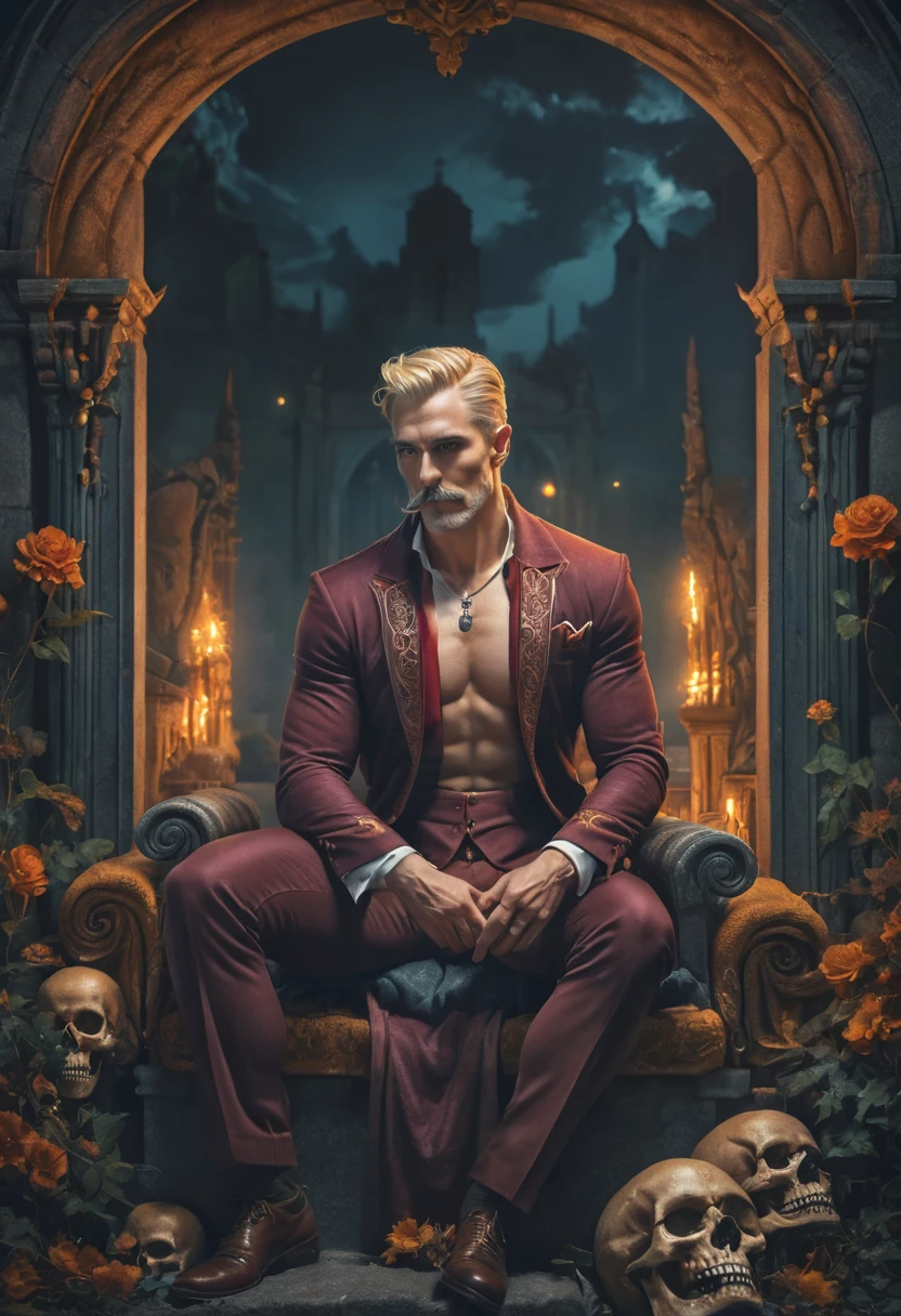 40 year handsome old elf, pale skin, blonde hair, abino skin, long straight hair, wearing elfin , sitting , mustache, piercing blue eyes, brown hair, pronounced brow ridge, strong jaw, high cheekbones, (complete body:1.5), sitting on a bed spreading his legs, very beefy muscles, bulging biceps, bulging triceps, bulging pectorals, bulging quads, bulging trapezoids, wide shoulders, bulging calves, bulging forearms, hairy, (giant:1.5), tall, solo person. Art deco masterpiece, alpha male, at night, skull, nightmare, fire, intricately detailed, sharp focus, extremely detailed, dark fantasy, glowing, colorful painting, rich color, HDR, octane render, digital illustration, cinematic light, sitting on the throne, Explore the beauty of a moonlit cemetery, with weathered tombstones, crypts, and the feeling that the spirits of the departed may not be at rest