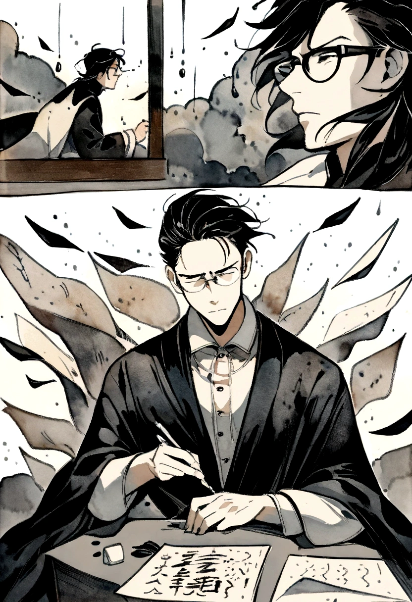 ink art style, black and white, abstract, watercolor painting style, blurs, drawing of a young man, artist man, elegant old clothes, writer man, desperate man ,stressed, rampant, writing with ink, very inspired man, unkempt black hair, glasses, epic , poderes de tinta y writing, rage, strong wind clothes with the wind, rain , black and white, epic, exaggerated pose, sheets of paper flying ,inspiration, wildness , writing , letters