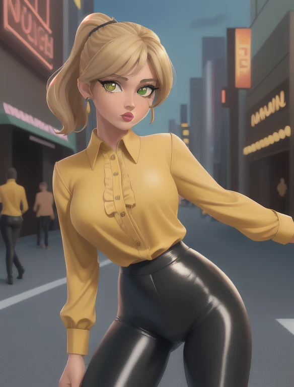 (best quality:1.3), (4K quality),masterpiece, best quality, high res, detailed, (Detailed face:1.2), (Detailed eyes:1.2), (Hourglass figure:1.2), 1girl, solo, 36-years-old, tan olive skin, short blonde hair, pony tail style, green eyes, eyeshadow, mascara, red lipstick, approximately 5'2" tall, ((Wearing a yellow blouse, shiny black leggings)), standing outside on Miami streets, people in the surroundings, busy atmosphere, cinematic lighting, detailed background,
