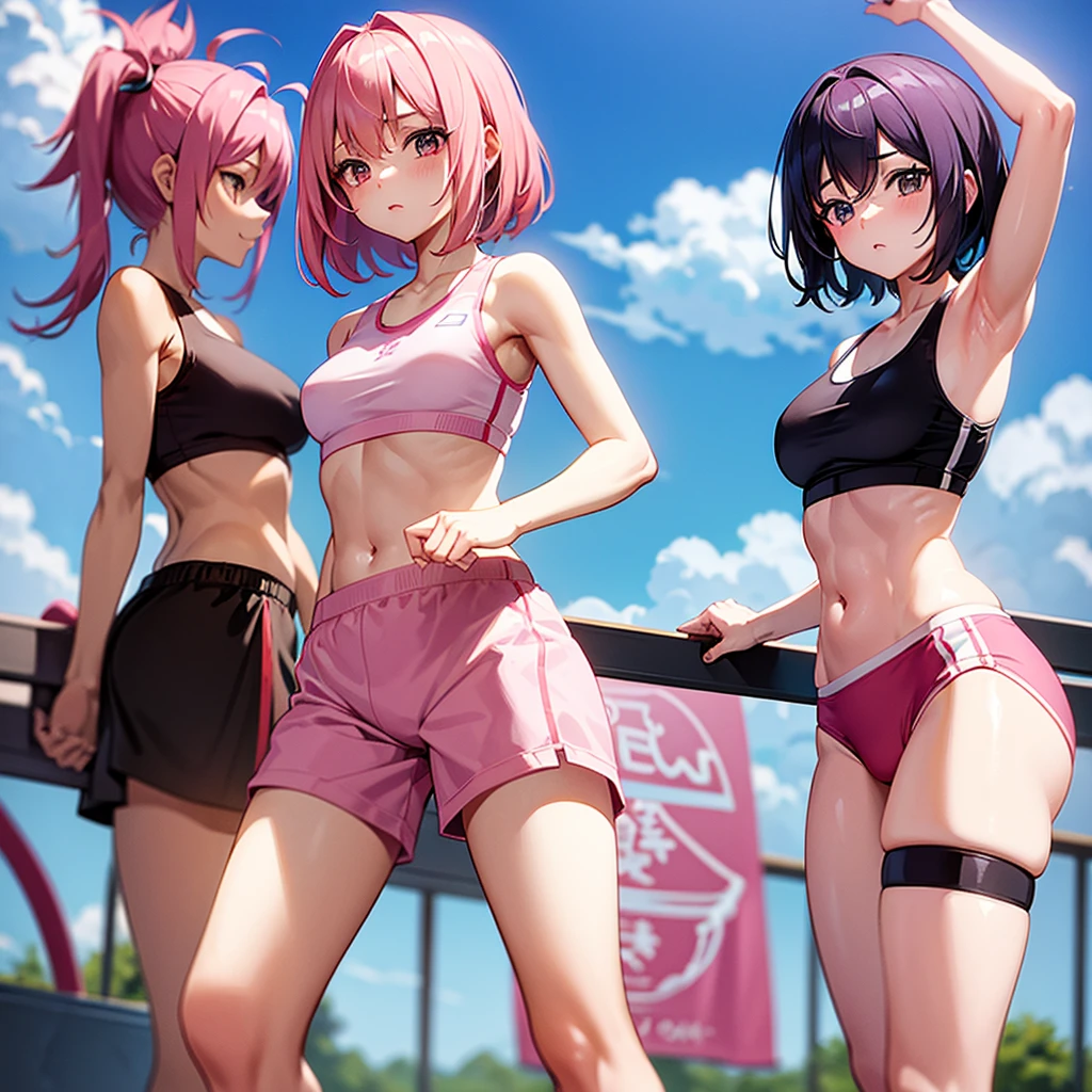 A pink haired Anime girl wearing sports bra and panties