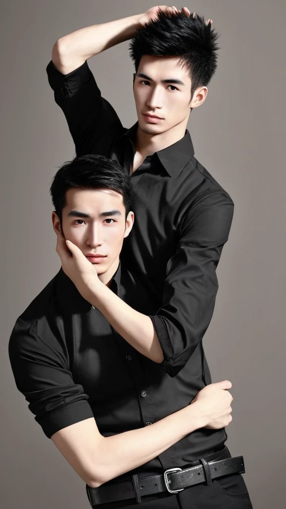 A Korean man,age 25,Cao Cao,1.80 tall,black hair in Comma hair style,skin fair,eyes black,with a black blouse,black belt and black pants,with a jacket on your arm.