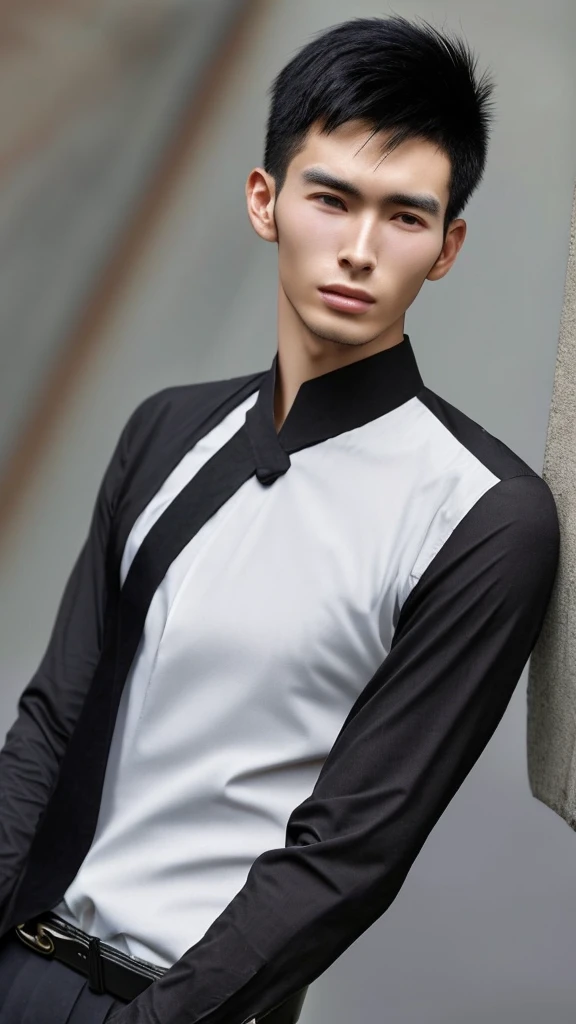 A Korean man,age 25,Cao Cao,1.80 tall,black hair in Comma hair style,skin fair,eyes black,with a black blouse,black belt and black pants,with a jacket on your arm.
