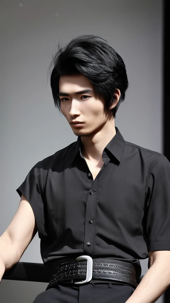A Korean man,age 25,Cao Cao,1.80 tall,black hair in Comma hair style,skin fair,eyes black,with a black blouse,black belt and black pants,with a jacket on your arm.