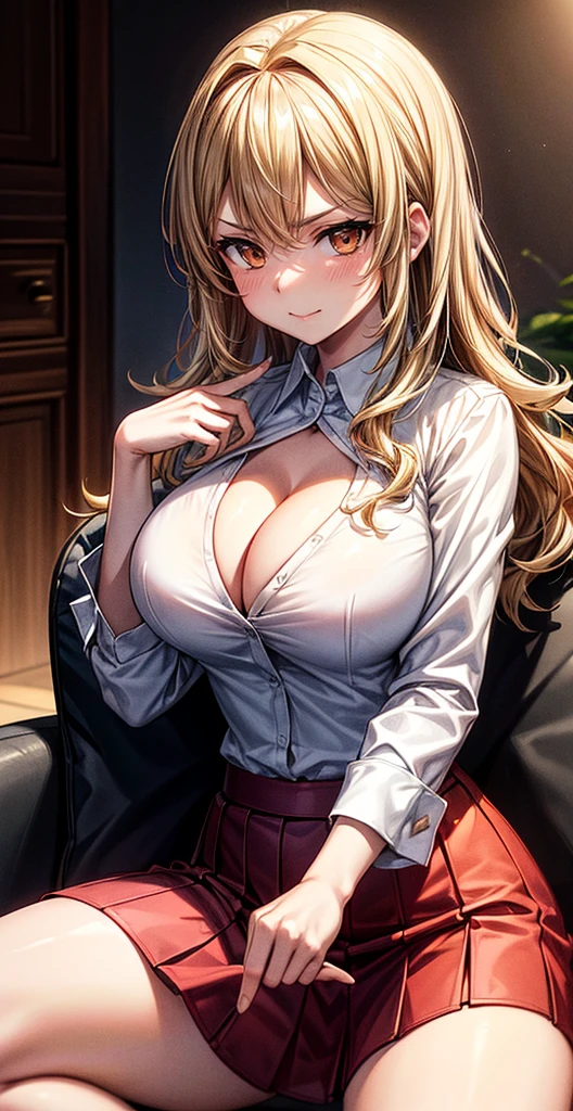 ( Ultra Masterpiece, Best quality ), Detailed Face + eyes, beautiful eyes, (Absurdres), (Anime), (Skindentation), (Best shadow), ((Anime)), /(Kamidere face)/, /(Kamidere looks)/, (Perfect face)+, Huge breasts, Very curvy, ( curly blonde hair), long hair, Beautiful hairstyle, (brown eyes), Full lips, ( angry face, frown, warm smile ), ((beautiful character design)), At home, ( Intricate Clothes ), BREAK, Professional photo, (Thick thighs), Big breasts, Ray tracing, (Perfect face)+, Octane render, good looking shirt, ((white) shirt: 1.3), good-looking skirt, ((red) skirt: 1.2), ( cleavage ), medium breasts, (Soft skin), (healthy body), 1 Female, (bold and assertive pose), (Very sexy+, Gorgeous woman+, young beautiful woman+), BREAK, ( Sitting down, Facing the viewer, looking away ), ((Kamidere))+