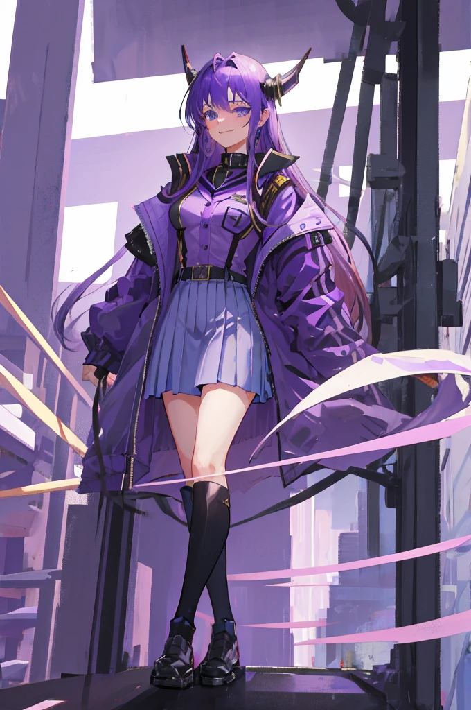 tall girl, PURPLE HAIR, horns on the head, blue eyes, purple military uniform, closed military jacket, office pants with skirt, smiling