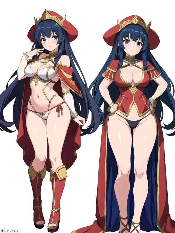 masterpiece, best quality, 2 girls, high fantasy costume, ((white background)), full body, multiple views, thong, anime style,