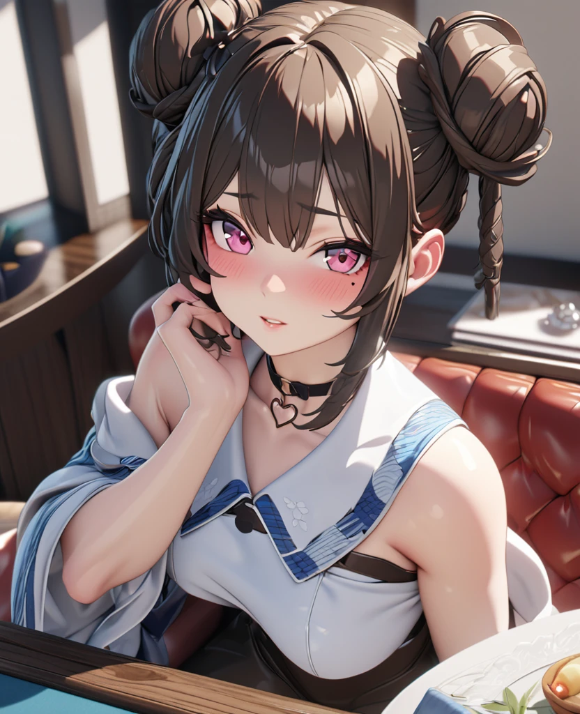 masterpiece, best quality, highly detailed, high resolution, expensive resolution, high resolution, 4K, 8k, uniform 8k wallpaper, highly detailed CG, masterpiece, 2D, 3D, beautiful details, depth, fine texture, best quality: 1.3, perfectly focused, crispy. skin, him, very cute anime girl, Her name is Mei, idol, brown double hair buns wearing expensive, mole under eye, looking at the viewer, cowboy short, expensive, blush, mole, plump lips, heart, pink eyes, heart shaped choker