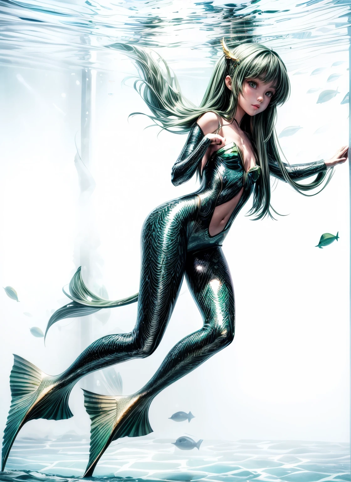 masterpiece, Highly detailed, super realistic, bright Lighting, 
beautiful face, beautiful eyes, 8k,
,1girl, solo,(mermaid style),
(12 year old girl),
(Long straight dark green hair:1.5),
(fin and serif :1.5),(beautiful legs:1.5),
(slender:1.5), (pretty face),(Small buttocks),(Slender thighs),(pretty face),
(There is a fin behind the ear),
(Inside the aquarium),(underwater),
