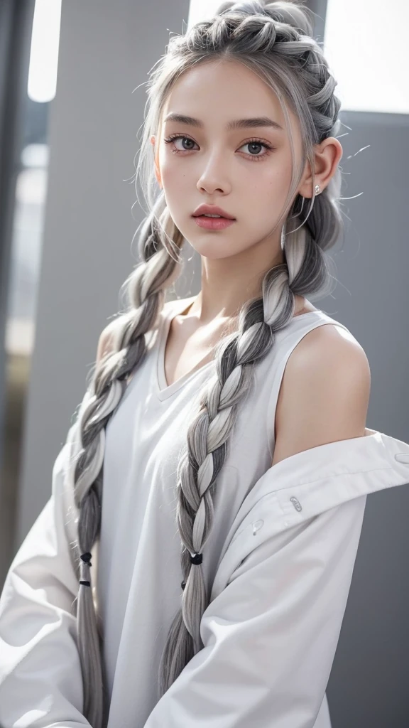 Millicent is a 21 year old young woman...., Tall and fit physique. He has light skin and gray eyes with small pupils..... Long wavy white hair braided in a high ponytail with many small braids... It has long and pointed ears.. Described as an incredibly beautiful girl... Prefers to wear black clothes.., gray and white colors. 8k.
