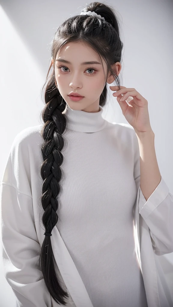 Millicent is a 21 year old young woman...., Tall and fit physique. He has light skin and gray eyes with small pupils..... Long wavy white hair braided in a high ponytail with many small braids... It has long and pointed ears.. Described as an incredibly beautiful girl... Prefers to wear black clothes.., gray and white colors. 8k.