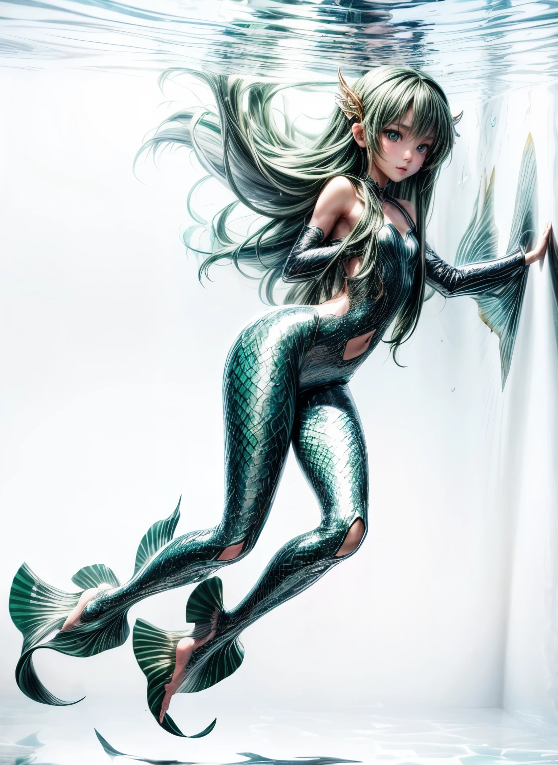 masterpiece, Highly detailed, super realistic, bright Lighting, 
beautiful face, beautiful eyes, 8k,
,1girl, solo,(mermaid style),
(12 year old girl),
(Long straight dark green hair:1.5),
(fin and serif :1.5),(beautiful legs:1.5),
(slender:1.5), (pretty face),(Small buttocks),(Slender thighs),(pretty face),
(There is a fin behind the ear),
(Inside the aquarium),(underwater),
