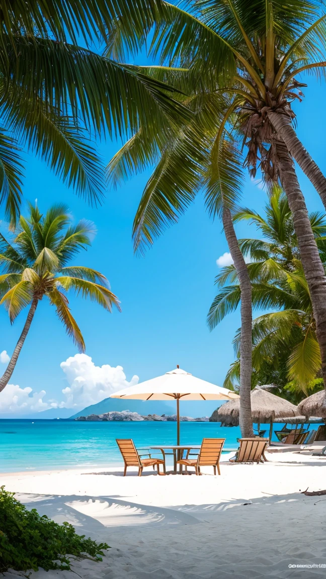 There are plenty of chairs and tables on the beach near the water, Paradise in the background, relaxing Concept Art, Amazing wallpapers, By the tropical pool, Detailed scenery, Beautiful and detailed scenes, beautiful place, 4k highly detailed digital art, relaxing environment, phone wallpaper, Concept Art. Eight thousand, Beautiful art UHD 4K, very detailed paradise