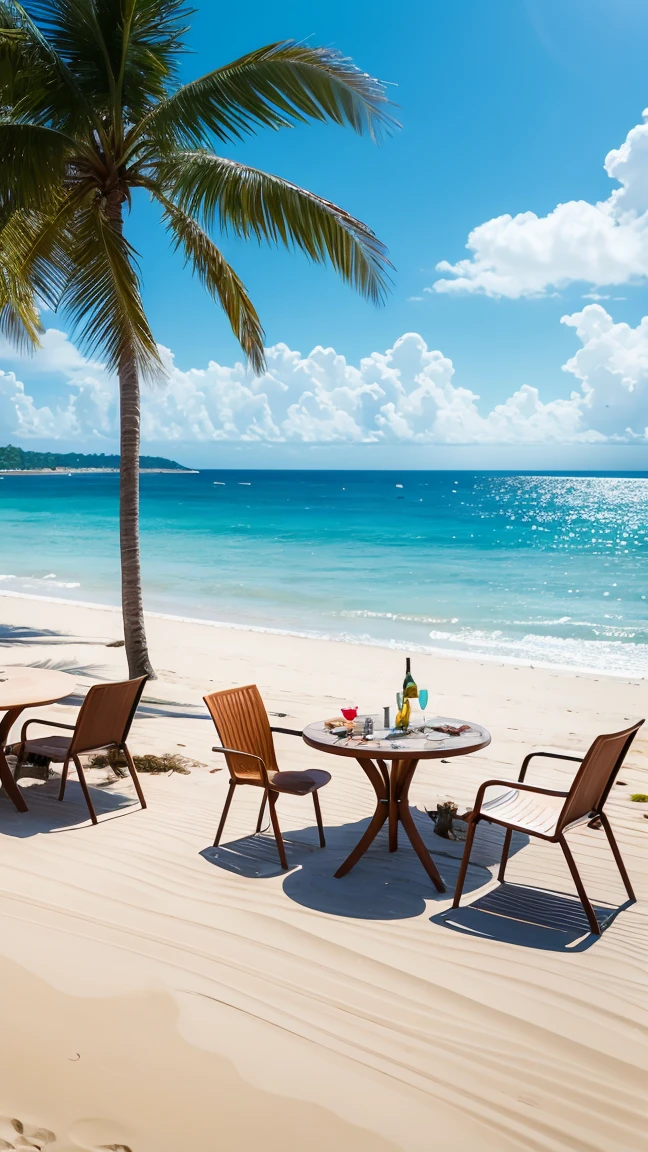There are plenty of chairs and tables on the beach near the water, Paradise in the background, relaxing Concept Art, Amazing wallpapers, By the tropical pool, Detailed scenery, Beautiful and detailed scenes, beautiful place, 4k highly detailed digital art, relaxing environment, phone wallpaper, Concept Art. Eight thousand, Beautiful art UHD 4K, very detailed paradise