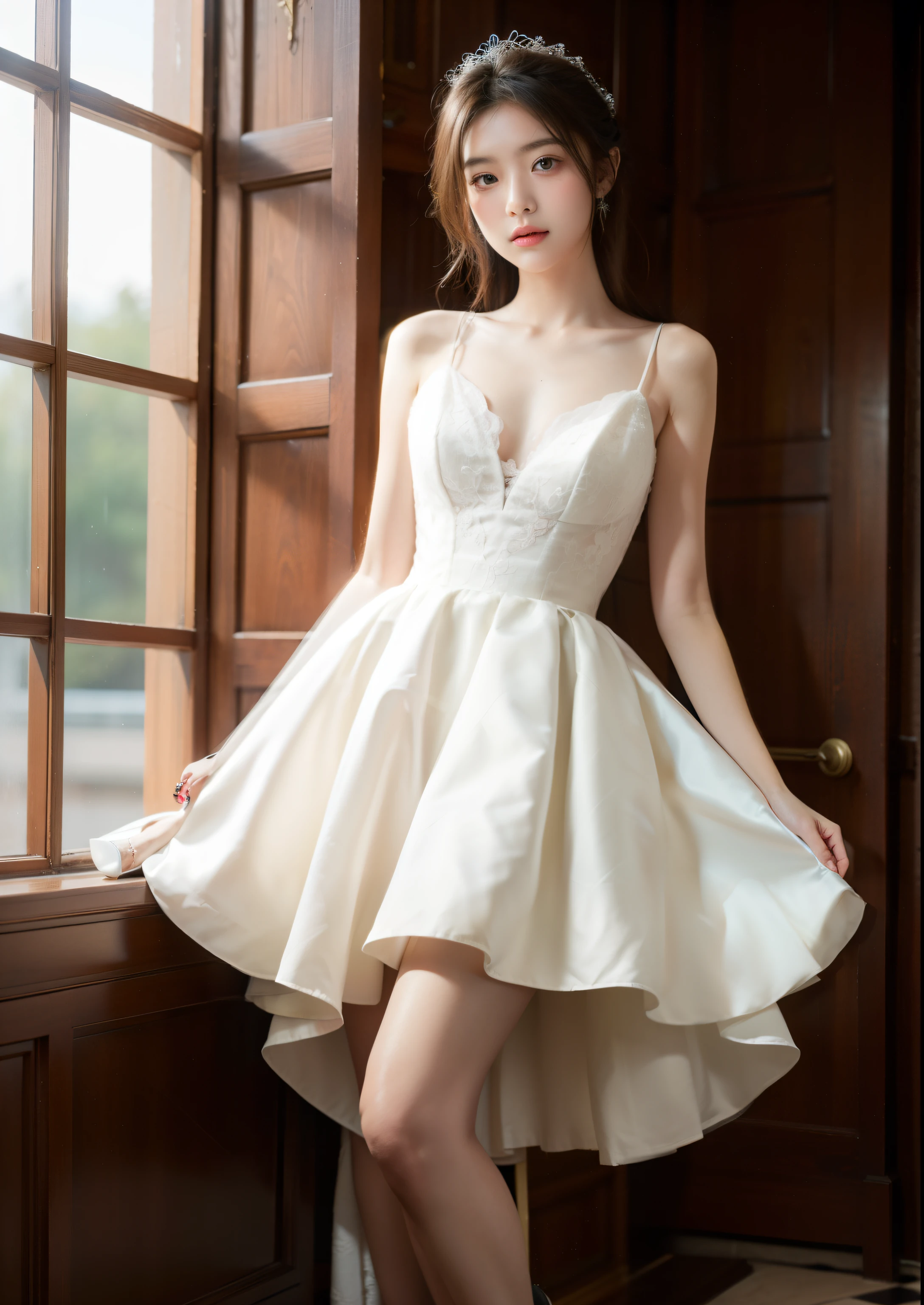 Beautiful 18 year old tall and slender woman。perfect legs. perfect face. She is fashion model. She is staying in the old classic church. She is wearing a summer wedding dress.She is illuminated by sunset light. Her dark brawn hair. High resolution、masterpiece、highest quality、頭w:1.0、((Hasselblad Photos))、fine skin、(movie lighting)、clavicle . full body picture.
