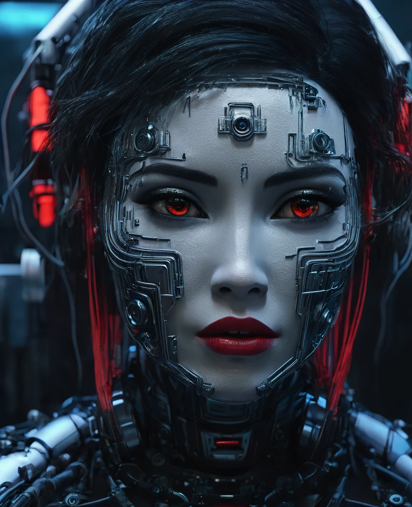 3D Rendering, close, Ultra detailed front shot, Focus on the face, Strange face and ultra detailed human-robot hybrid with complex systems equipment, Style of Tsutomu Nihei, ghost in the Shell, sf, sight, Dystoia Future Society, Huge and complex structure background, Dark Environment, Thick Fog, Lighting effects from different directions, Red and Blue Illumination, Rubber tube with intricate lines and grunge, bolt, rivet, Dynamic Lighting Effects, Unreal Engine 5, RTX 4090 Shaders, Ultra-detailed textures with reflections, hdri, Ultra-realistic, Ultra-high resolution, Many details 