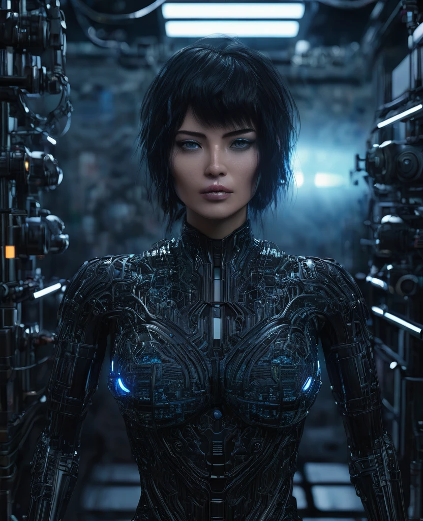 3D Rendering, close, Ultra detailed front shot, Focus on the face, Strange face and ultra detailed human-robot hybrid with complex systems equipment, Style of Tsutomu Nihei, ghost in the Shell, sf, sight, Dystoia Future Society, Huge and complex structure background, Dark Environment, Thick Fog, Lighting effects from different directions, Red and Blue Illumination, Rubber tube with intricate lines and grunge, bolt, rivet, Dynamic Lighting Effects, Unreal Engine 5, RTX 4090 Shaders, Ultra-detailed textures with reflections, hdri, Ultra-realistic, Ultra-high resolution, Many details 