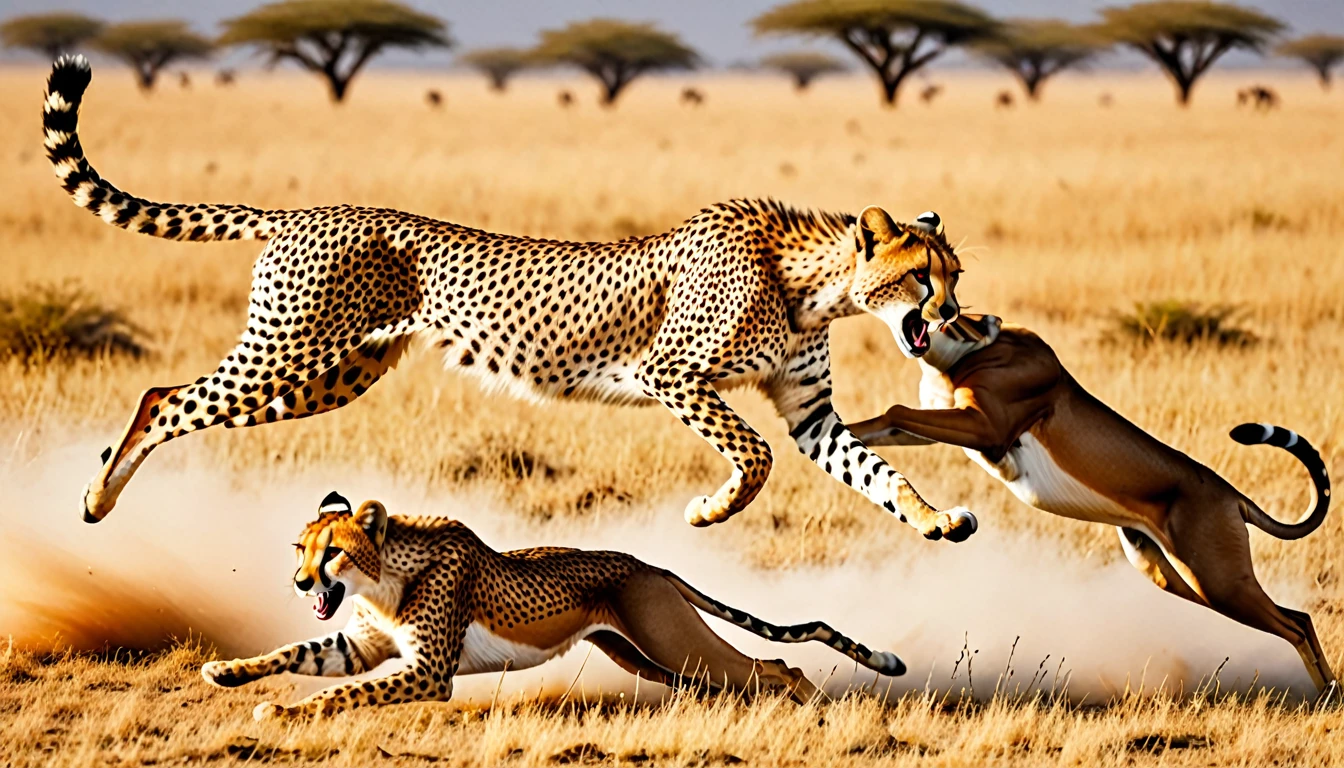 score_9, score_8_up, score_7_up, source_photo, photography, realistic, detailed, rating safe, wide shot, A Cheetah is attacking gazelle,