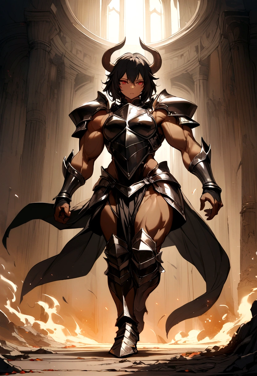 The full body of a dark skinned minotaur girl who has two legs, black hair, with red eyes,with knight armor, and muscular