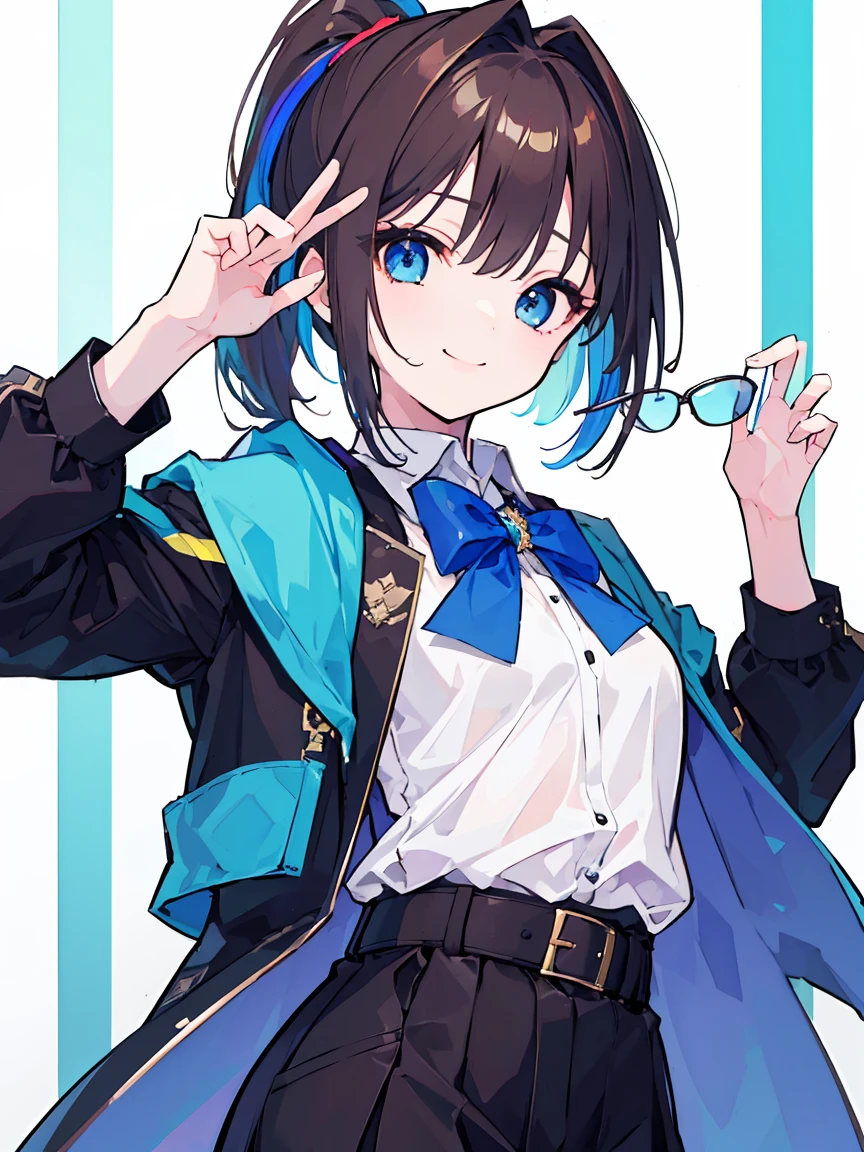 (best quality、masterpiece:1.2) (((1 girl))) flat chest ((Punty ornaments)) short hair、blue eyes、Brown hair ((sunglasses)) (vulgar smile) jacket、Ponytail、White shirt, rainbow hair color