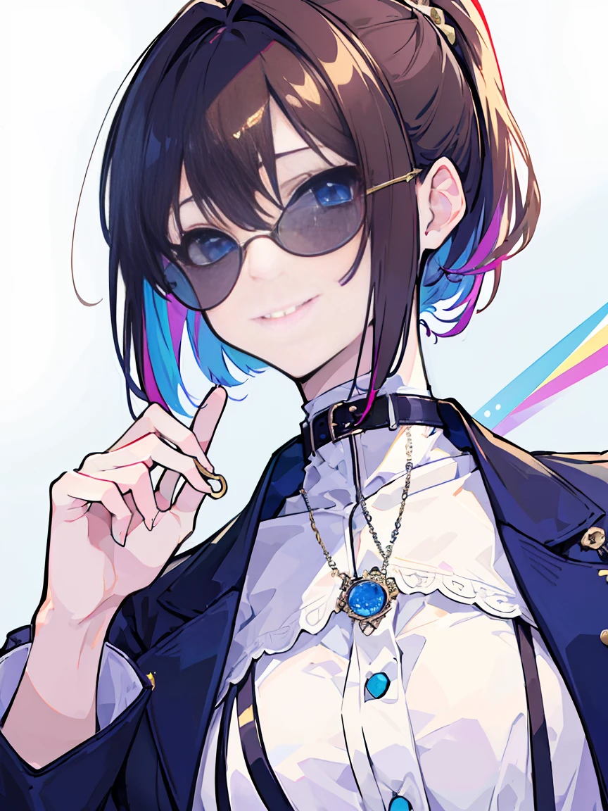 (best quality、masterpiece:1.2) (((1 girl))) flat chest ((Punty ornaments)) short hair、blue eyes、Brown hair ((sunglasses)) (vulgar smile) jacket、Ponytail、White shirt, rainbow hair color