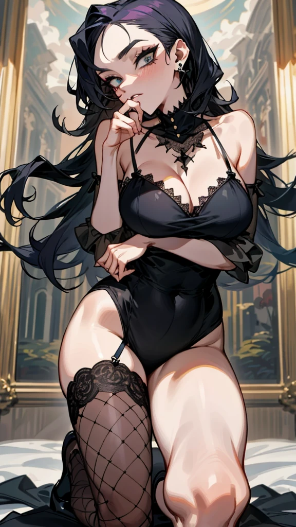 （best quality，masterpiece：1.2，detailed details，4k），((masterpiece)), ((best quality)), (ultra-detailed), anime style,large , slim, slender, ashamed,  ，Kneeling,Girl with modern gothic makeup, fair skin, long legs, black eyeshadow, camisole, plump figure, earrings and lip studs, fishnet stockings, posing in an attractive pose, lovable expression
