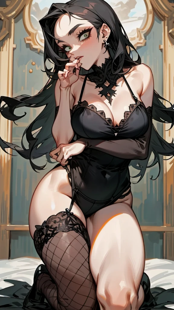 （best quality，masterpiece：1.2，detailed details，4k），((masterpiece)), ((best quality)), (ultra-detailed), anime style,large breast, slim, slender, ashamed, all fours ，Kneeling,Girl with modern gothic makeup, fair skin, long legs, black eyeshadow, camisole, plump figure, earrings and lip studs, fishnet stockings, posing in an attractive pose, lovable expression