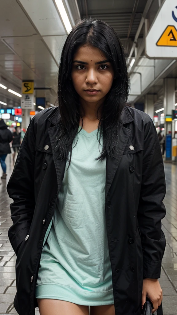 A indian gril black hair   at train station warking alone   raining day 