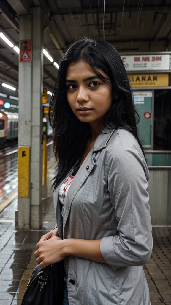 A indian gril black hair   at train station warking alone   raining day 