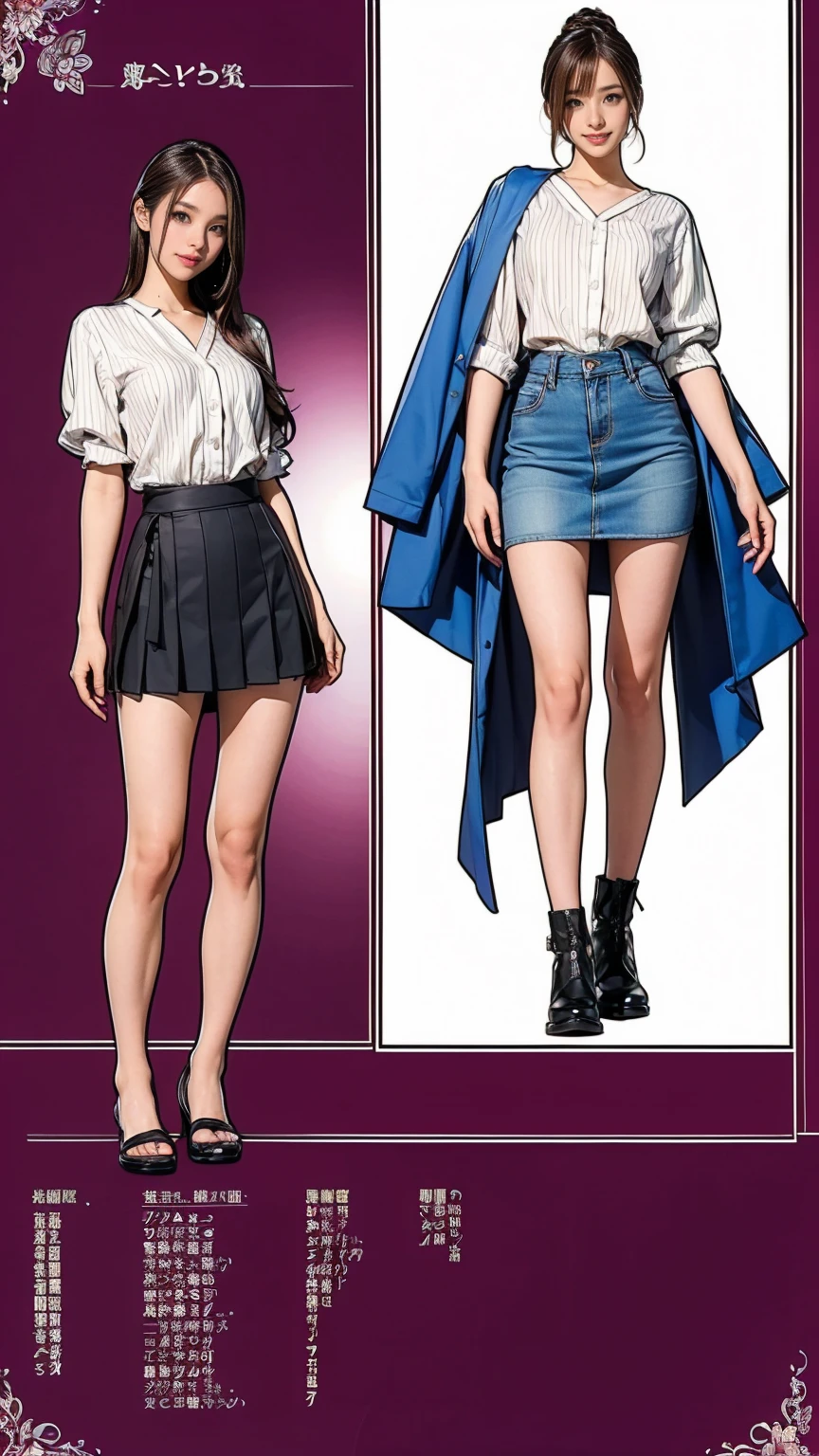 ((masterpiece)),(((Highest quality))),((Character design sheet)),Thin thighs,Long legs,Beautiful woman, 25 years old，Ultra ，Clothing in Japan's Heisei Era，Long legs:1.5，whole body，Flashy makeup using red eyeshadow，Big smile，Short cut with side waves，whole body，White 