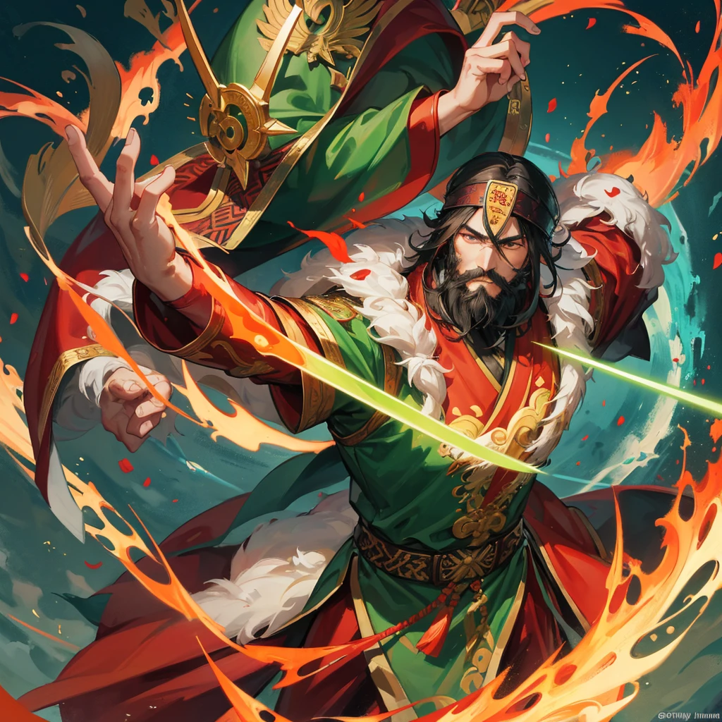 divinity无敌大将军,China,Guan Yu,divinity,myth,Powerful,male,Bearded,Red skin,Light in the eyes,thunder,Green clothes,muscle,Holding a big knife,myth,Gods